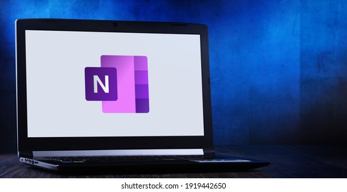 POZNAN, POL - JUL 11, 2020: Laptop computer displaying logo of Microsoft OneNote program, part of the Office family software and services developed by Microsoft