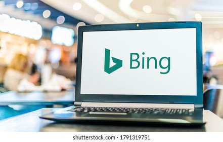 POZNAN, POL - JUL 25, 2020: Laptop computer displaying logo of Bing, a web search engine owned and operated by Microsoft