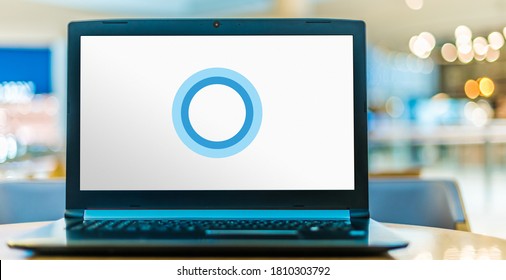 POZNAN, POL - JUL 25, 2020: Laptop computer displaying logo of Cortana, a virtual assistant developed by Microsoft.