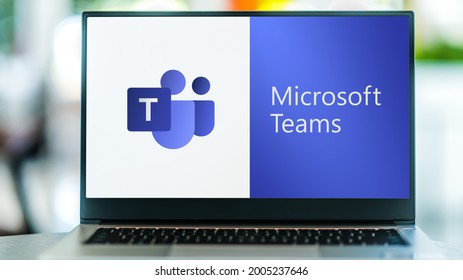POZNAN, POL - JUL 3, 2021: Laptop computer displaying logo of Microsoft Teams, a unified communication and collaboration platform
