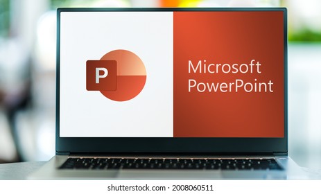 POZNAN, POL - JUL 3, 2021: Laptop computer displaying logo of Microsoft PowerPoint, a presentation program, part of the Office family software and services developed by Microsoft