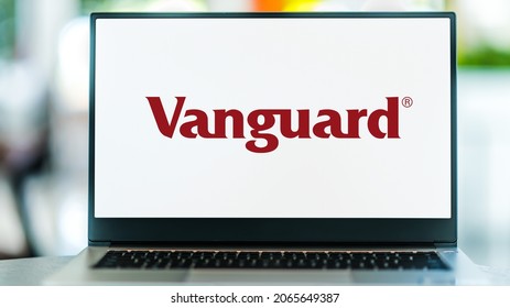 POZNAN, POL - JUL 3, 2021: Laptop computer displaying logo of The Vanguard Group, Inc., an American registered investment advisor based in Malvern, Pennsylvania