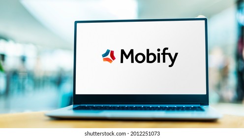 POZNAN, POL - JUN 12, 2021: Laptop computer displaying logo of Mobify, a Salesforce company that offers a Front-end as a Service, headquartered in Vancouver, BC, Canada,