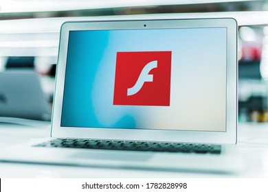 POZNAN, POL - JUN 16, 2020: Laptop computer displaying logo of Adobe Flash, a deprecated multimedia software platform used for production of animations