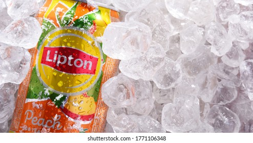POZNAN, POL - JUN 18, 2020: Can of Lipton Ice Tea, a soft drink brand sold by Lipton and belonging to Unilever, a British-Dutch multinational consumer goods company.