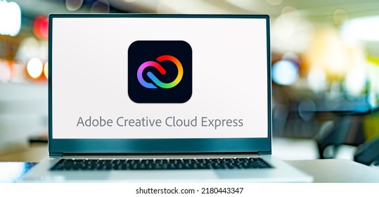 POZNAN, POL - JUN 21, 2022: Laptop computer displaying logo of Adobe Creative Cloud Express, a unified task-based, web and mobile app developed by Adobe Inc