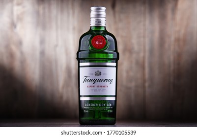 POZNAN, POL - JUN 26, 2020: Bottle of Tanqueray, a brand of gin produced by Diageo plc and marketed worldwide