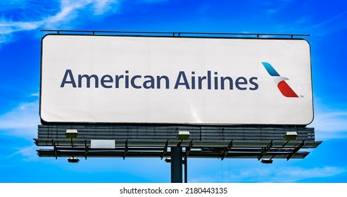 POZNAN, POL - JUN 28, 2022: Advertisement Billboard Displaying Logo Of American Airlines, A Major US Airline