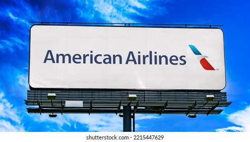 POZNAN, POL - JUN 28, 2022: Advertisement Billboard Displaying Logo Of American Airlines, A Major US Airline