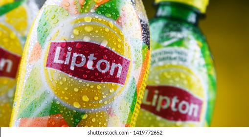 POZNAN, POL - JUN 5, 2019: Plastic bottles of Lipton Ice Tea, a soft drink brand sold by Lipton and belonging to Unilever, a British-Dutch multinational consumer goods company.