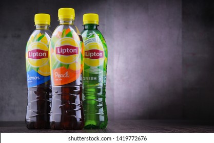 POZNAN, POL - JUN 5, 2019: Plastic bottles of Lipton Ice Tea, a soft drink brand sold by Lipton and belonging to Unilever, a British-Dutch multinational consumer goods company.