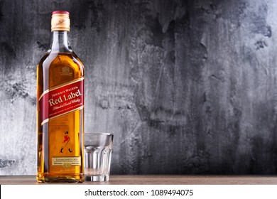 POZNAN, POL - MAR 30, 2018: Bottle of Johnnie Walker, the most widely distributed brand of blended Scotch whisky in the world with sales of over 130 million bottles a year.