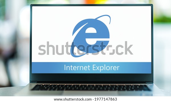 POZNAN, POL -\
MAY 1, 2021: Laptop computer displaying logo of Internet Explorer,\
a web browser developed by Microsoft and included in the Microsoft\
Windows line of operating\
systems