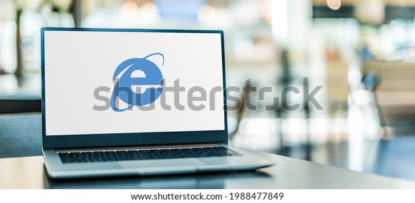 POZNAN, POL -\
MAY 1, 2021: Laptop computer displaying logo of Internet Explorer,\
a web browser developed by Microsoft and included in the Microsoft\
Windows line of operating\
systems