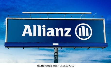 POZNAN, POL - MAY 1, 2022: Advertisement billboard displaying logo of Allianz, a financial services company headquartered in Munich, Germany