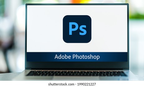 POZNAN, POL - MAY 15, 2021: Laptop computer displaying logo of Adobe Photoshop, a raster graphics editor developed and published by Adobe Inc