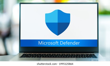 POZNAN, POL - MAY 15, 2021: Laptop computer displaying logo of Microsoft Defender Antivirus, an anti-malware component of Microsoft Windows