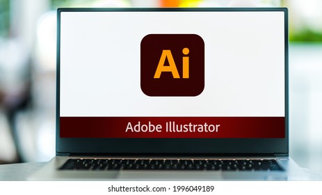 POZNAN, POL - MAY 15, 2021: Laptop computer displaying logo of Adobe Illustrator, a vector graphics editor developed and marketed by Adobe Inc