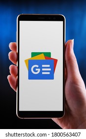 POZNAN, POL - MAY 21, 2020: Hands Holding Smartphone Displaying Logo Of  Google News, A News Aggregator App Developed By Google