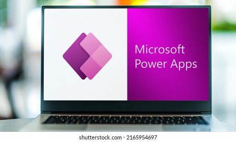 POZNAN, POL - MAY 24, 2022: Laptop computer displaying logo of Microsoft Power Apps