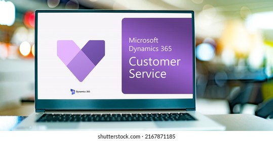 POZNAN, POL - MAY 24, 2022: Laptop computer displaying logo of Microsoft Dynamics 365 Customer Service