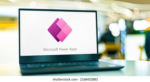 POZNAN, POL - MAY 24, 2022: Laptop computer displaying logo of Microsoft Power Apps
