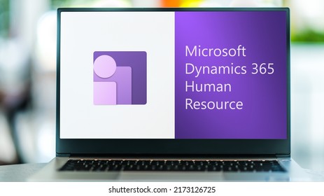 POZNAN, POL - MAY 24, 2022: Laptop computer displaying logo of Microsoft Dynamics 365 Human Resource