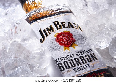 POZNAN, POL - MAY 28, 2020: Bottle of Jim Beam, one of best selling brands of bourbon in the world, produced by Beam Inc. in Clermont, Kentucky