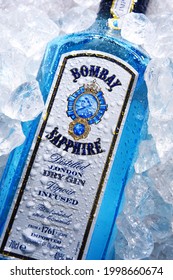 POZNAN, POL - MAY 28, 2020: Bottle of Bombay Sapphire, a brand of gin distributed by Bacardi. Introduced to the market in 1987 by International Distillers and Vintners.
