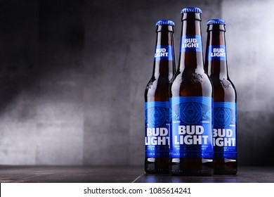 POZNAN, POL - MAY 3, 2018: Bottles of Bud Light beer, an American light beer, produced by Anheuser-Busch, introduced in 1982.