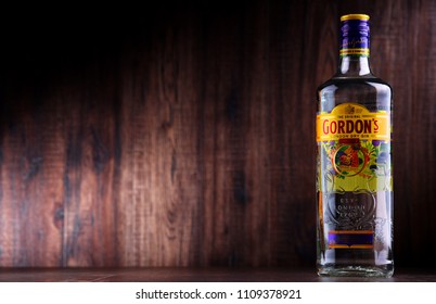 POZNAN, POL - MAY 3, 2018: Gordon's is a brand of the world's best selling London Dry gin. It is owned by the British spirits company Diageo.