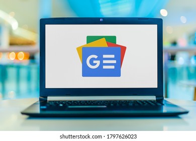 POZNAN, POL - MAY 6, 2020: Laptop Computer Displaying Logo Of Google News, A News Aggregator App Developed By Google