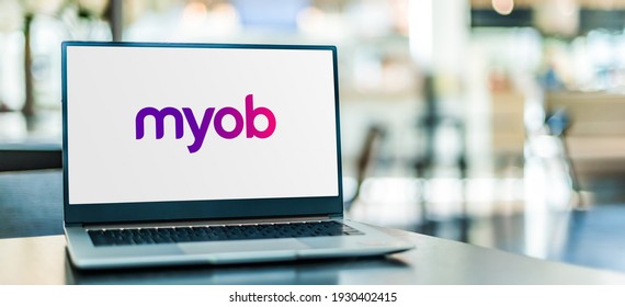 POZNAN, POL - NOV 12, 2020: Laptop Computer Displaying Logo Of MYOB, An Australian Corporation That Provides Tax, Accounting And Other Business Services Software To Small And Medium Businesses