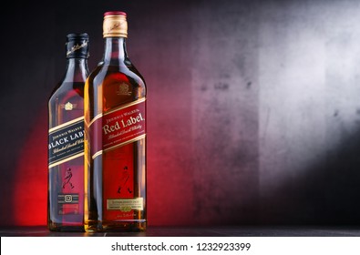 POZNAN, POL - NOV 15, 2018: Bottles of Johnnie Walker, the most widely distributed brand of blended Scotch whisky in the world with sales of over 130 million bottles a year.