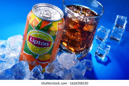 POZNAN, POL - NOV 22, 2019: Can of Lipton Ice Tea, a soft drink brand sold by Lipton and belonging to Unilever, a British-Dutch multinational consumer goods company.
