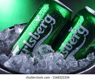 POZNAN, POL - NOV 8, 2019: Cans of Carlsberg pale lager beer produced by Carlsberg Group, a Danish brewing company founded in 1847 with headquarters located in Copenhagen, Denmark