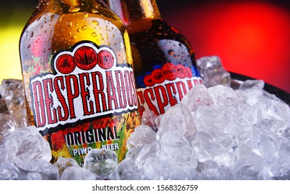POZNAN, POL - NOV 8, 2019: Bottles of Desperados pale lager flavored with tequila, a popular beer produced by Heineken and sold in over 50 countries. 