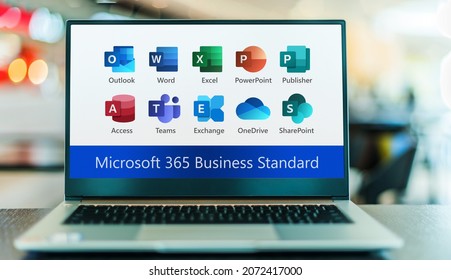 POZNAN, POL - OCT 13, 2021: Laptop computer displaying logos of Microsoft 365 Business Standard, a family of client software, server software, and services developed by Microsoft
