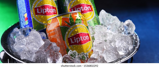 POZNAN, POL - OCT 16, 2019: Cans of Lipton Ice Tea, a soft drink brand sold by Lipton and belonging to Unilever, a British-Dutch multinational consumer goods company.