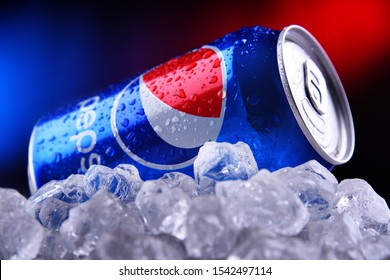 POZNAN, POL - OCT 23, 2019: A can of Pepsi, a carbonated soft drink produced and manufactured by PepsiCo. The beverage was created and developed in 1893 under the name Brad's Drink