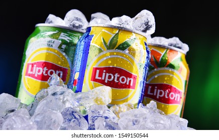 POZNAN, POL - OCT 23, 2019: Cans of Lipton Ice Tea, a soft drink brand sold by Lipton and belonging to Unilever, a British-Dutch multinational consumer goods company.