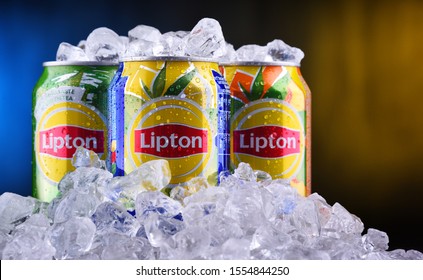 POZNAN, POL - OCT 23, 2019: Cans of Lipton Ice Tea, a soft drink brand sold by Lipton and belonging to Unilever, a British-Dutch multinational consumer goods company.
