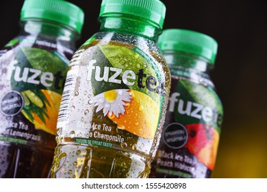 POZNAN, POL - OCT 23, 2019: Plastic bottles of Fuze Ice Tea, a soft drink brand sold by Fuze Beverage belonging to The Coca-Cola Company