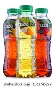 POZNAN, POL - OCT 23, 2019: Plastic bottles of Fuze Ice Tea, a soft drink brand sold by Fuze Beverage belonging to The Coca-Cola Company