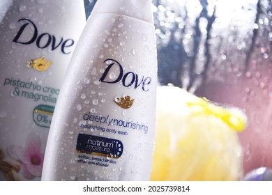 POZNAN, POL - OCT 23, 2020: Containers Of Dove Product, A Personal Care Brand, Owned By Unilever And Sold In More Than 80 Countries