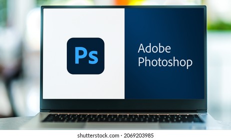 POZNAN, POL - SEP 22, 2021: Laptop computer displaying logo of Adobe Photoshop, a raster graphics editor developed and published by Adobe Inc