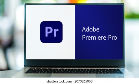 POZNAN, POL - SEP 22, 2021: Laptop computer displaying logo of Adobe Premiere Pro, a timeline-based video editing software application developed by Adobe Systems