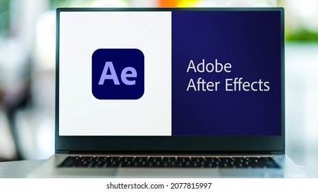 POZNAN, POL - SEP 22, 2021: Laptop computer displaying logo of Adobe After Effects, a digital visual effects, motion graphics, and compositing application developed by Adobe Systems