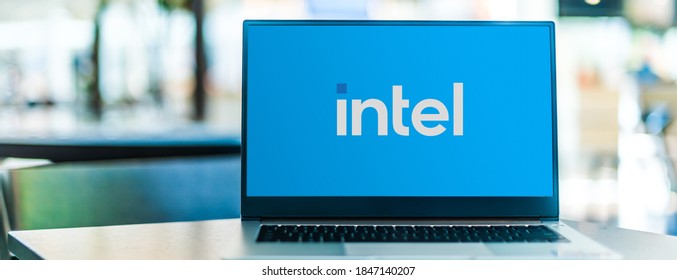 POZNAN, POL - SEP 23, 2020: Laptop Computer Displaying Logo Of Intel, An American Multinational Corporation And Technology Company Headquartered In Santa Clara, California