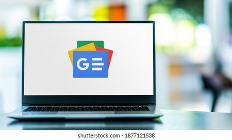 POZNAN, POL - SEP 23, 2020: Laptop Computer Displaying Logo Of Google News, A News Aggregator App Developed By Google